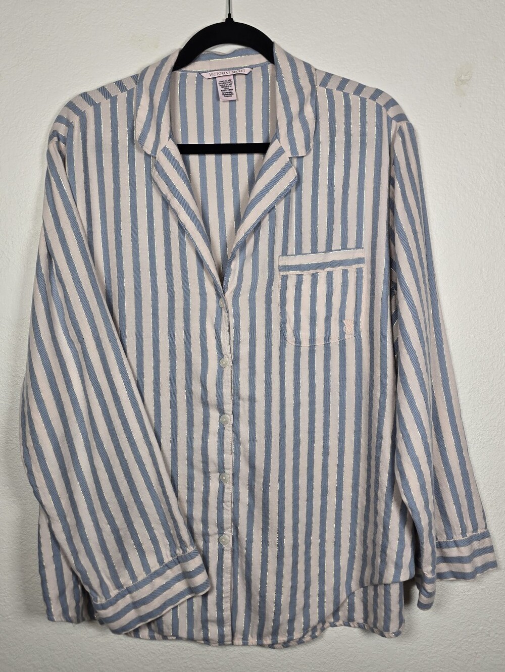Victoria's Secret Striped Shimmer Pajama Top Blue Pink Gold Medium
